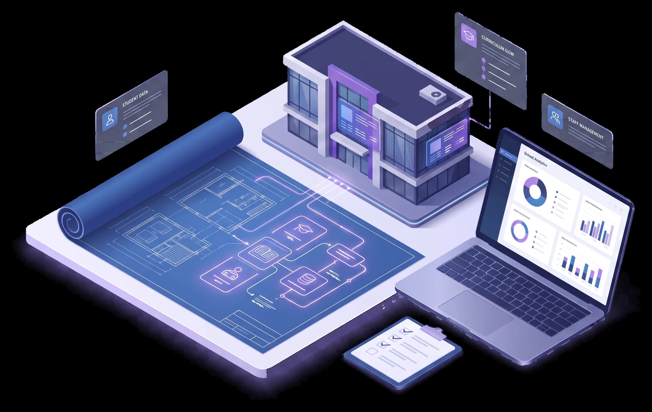 Ilustrasi blueprint sistem sekolah: denah digital di atas gulungan blueprint, gedung sekolah, laptop dengan dashboard analitik, clipboard, dan panel data siswa, kurikulum, serta manajemen staf.