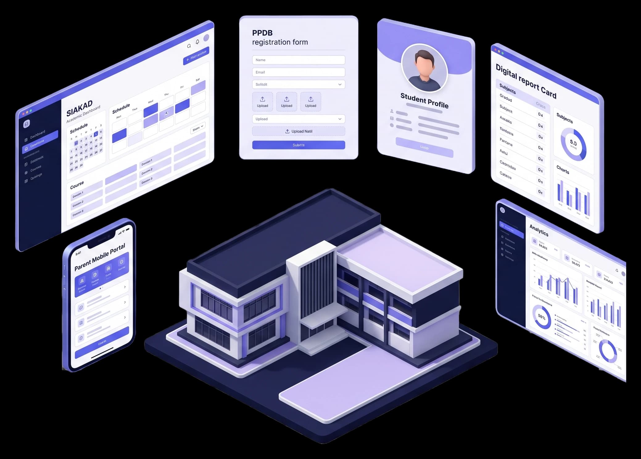 Gedung sekolah dikelilingi panel aplikasi: dashboard SIAKAD, formulir pendaftaran PPDB, profil siswa, laporan E-Rapor, portal orang tua di ponsel, dan analitik.